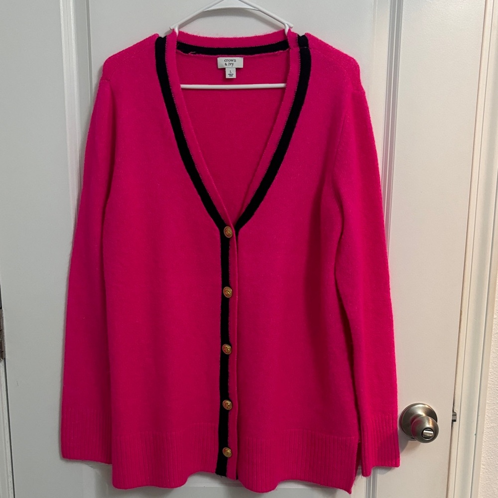 CROWN & IVY Fuchsia Cardigan with Navy Blue Trim
